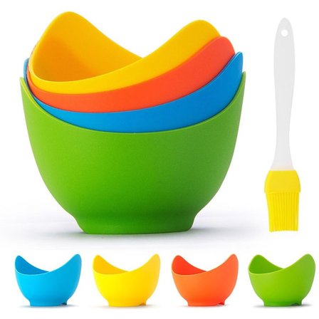 Silikon Äggkokare med Ringstativ, Non-Stick Äggkokare för Spis och Air Fryer Matlagning, BPA-fri, 4-pack med Extra Oljeborste