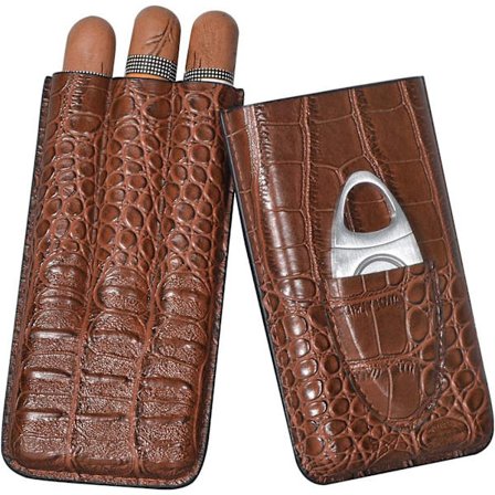 Sigar Etui, 3 Humidor Sigar Rør i Korn Krokodille Lær (Bro