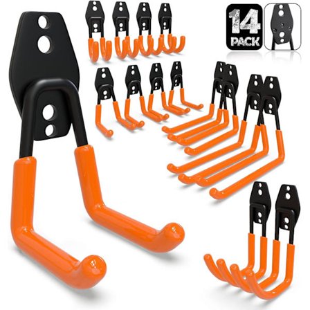 14 stk. garagevæghæk, garageopbevaring, stærk stål væghæk til stige, cykler, rør, elværktøj (orange)
