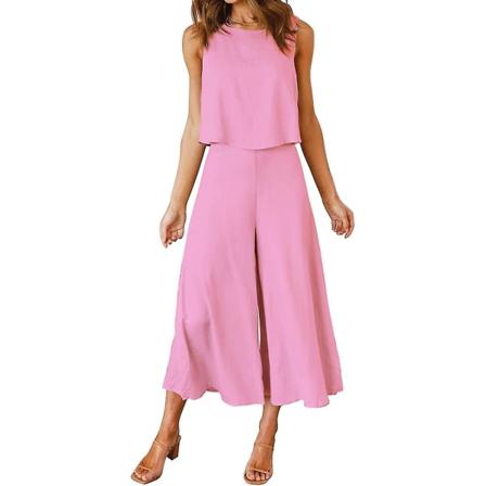 Roylamp Sommer-outfits til kvinder i 2 dele Rundhalset Crop Basic Top Beskåret Bukser med brede ben, Jumpsuits Light Cherry Pink Large