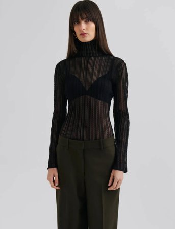 Malina Zelie Sheer Knitted Turtleneck Top - Black - XL