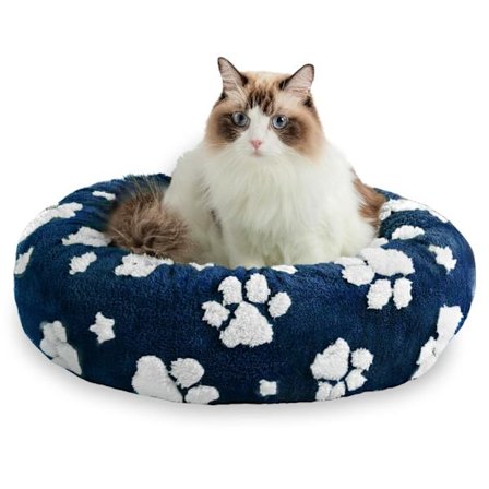 Komfortabel rund katteseng for innendørs katter, med et avtakbart, vaskbart trekk og sklisikker teksturert bunn (Marineblå, 20 tommer)