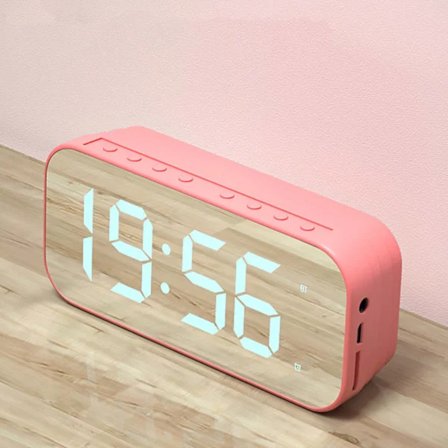 Bluetooth-høyttaler vekkerklokke Digital klokke med Bluetooth-høyttaler Speil Digital skjerm Vekkerklokke for soveromskontor Rosa