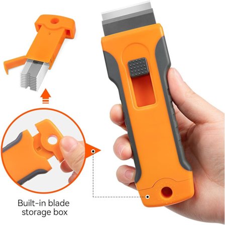 Glasskraber/komfurskraber, med 15 udskiftelige blade i håndtaget, velegnet til kogeplader, ovne, induktionskogeplader og glas-/keramiske kogeplader.