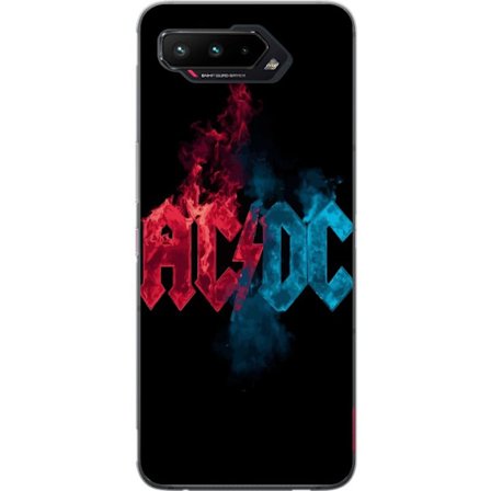 Kompatibelt Mobilskal till Asus Asus ROG Phone 5 ACDC-logotyp i delad röd och blå eld- och rökstil mot svart bakgrund med kraftfull rockestetik och