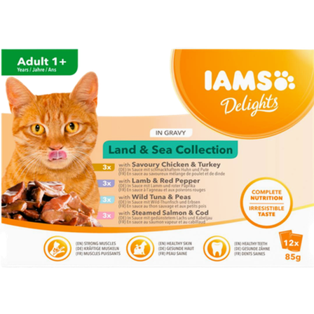 Iams - Delights Multipack Land & Sea Gravy 85 g x 12 st - Katt - Kattefôr & kattemat - Våtfôr og våtmat - ZOO.no