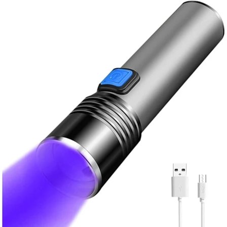 UV-svartlys lommelykt, oppladbar mini svartlys lommelykt, 3 moduser høy lav strobe, tørre flekker, seddeldeteksjon.