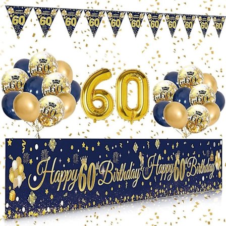 Dekorationskit för 60-årsdag - Blått och guld banner, ballonger, nummer 60