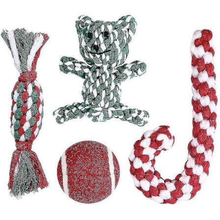 Julestrømpegaver til hund, unike tyggeleker til kjæledyrvalper inkludert rød ball, sukkertøystang, bjørneleke