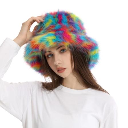 Elegant Fluffy Kvinners Bøttehatt Vinter Kunstig Pels Fuzzy Varmt Caps Hatt Blandet Farge Pluss Fiskehatt Justerbar, fargerik colourful