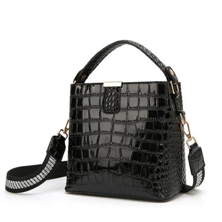 Kvinder Dame Håndtaske Patent Læder Krokodille mønster skulder Crossbody Fashion Bucket Bag Black