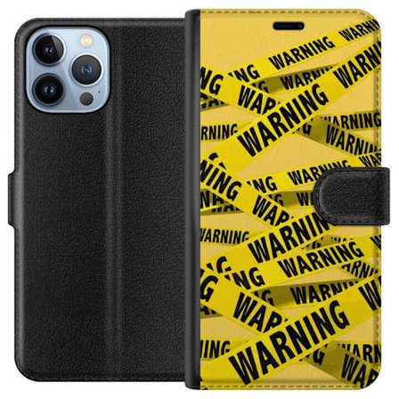 Kompatibelt Lommeboketui til Apple iPhone 13 Pro Max Gult advarselbånd med teksten Warning, grafiskt mønster i industriell stil for mobildekning, plak