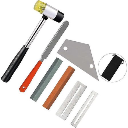 8 stk. Gitar Luthier Verktøysett, Dobbelthodet Gummi Gitarhammer, Gitarbånd, Rustfritt Stål Toggle, 2 Fingerbeskyttere, 2 Slipesteiner, E Velvet Bag