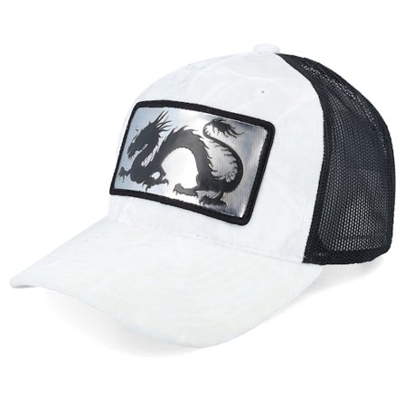 Calza Pennello - Vit trucker Keps - Chinese Dragon Silver Patch Velvet White/Black Trucker @ Hatstore