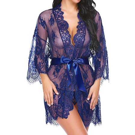 Blomstret Blonde Kimono Morgenkåbe - Gennemsigtig Mesh Babydoll Natkjole Lingeri til Kvinder, Komfortabel & Sexet Cover Up (Blå)