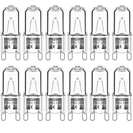 12-pack G9 Halogenlampor 33W 230V 2800K Varmvitt 380lm, Klar Kapsel Halogenlampor Dimbar, Ingen Stroboskop, Ingen Flimmer