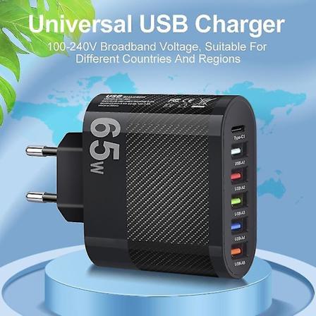 6 Multi Port Usb Hub+pd 65w Type C Hurtig Vegglader Strømadapter Us Uk Eu Plugg