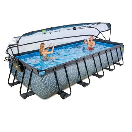 Exit Stone Pool 540X250X100Cm Med Sandfilterpump Och Tak Och Värmepump - Grå - Litenleker