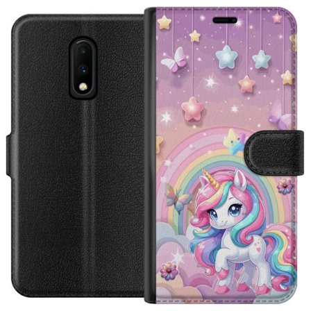 Kompatibel Tegnebogsetui til OnePlus 7 Magisk enhjørning med regnbue manke, stjerner og sommerfugle mod en pastelfarvet himmel med skyer