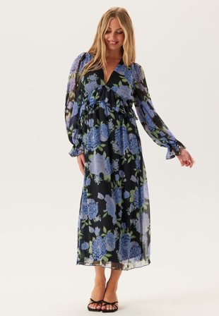 Bubbleroom Occasion Frill L/S Chiffon Midi Dress Blue/Black L