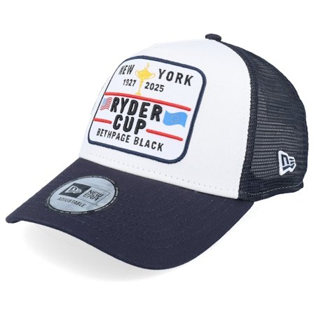 New Era - White trucker Caps - Woven Patch Ryders Cup 25 White/Navy A-Frame Trucker @ Hatstore