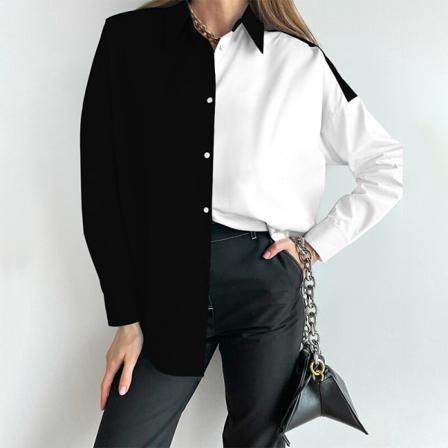 Kvinnor Button Down Tunika Skjorta Color Block Skjortor