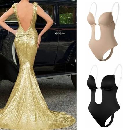 Kvinnor med djup V-ringad Body Shaper Axelbandslösa rygglösa Shapewear black XL