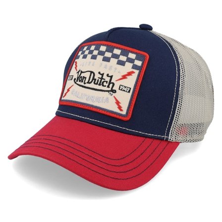 Von Dutch - Live Fast California Square Patch Navy/Red/Beige Trucker Trucker Blue Cap - @ Hatstore