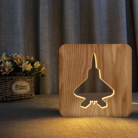 Nattlys i tre med 3D-lampe, nattlys for jagerfly, kreativ trelampe, enkel dekorativ lampe, 3D-treskjæringsmønster LED-nattlys for skrivebord