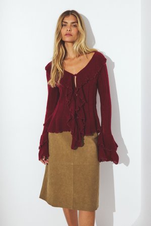 Shpresa x NA-KD Pull en maille à volants - Pulls fins - Bordeaux - L