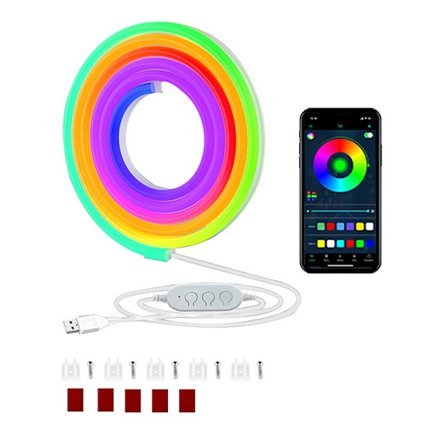 2M USB Neon Lysstrimmel - 60 LEDs/M, Bluetooth-styring, Monteringsclips, Kompatibel med Smartphones