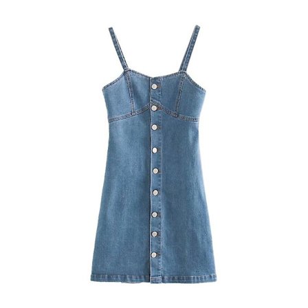 Slim-fit, enkelspent denimkjole med midje og tynne stropper