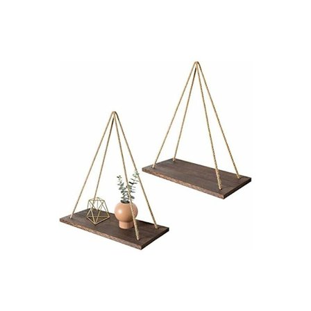 Vægmonterede hylder i træ, sæt med 2 flydende hylder, Boho vægdekoration, trekantgynge, rebopbevaring, hylde - rustik planteudstilling, hjem O