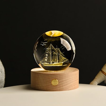 Personlig gave 3D glatt seiling gravert krystallkule LED nattlys, 8cm krystallkule + 7cm varmt lys bunn USB strømforsyning, skrivebordsdekorati