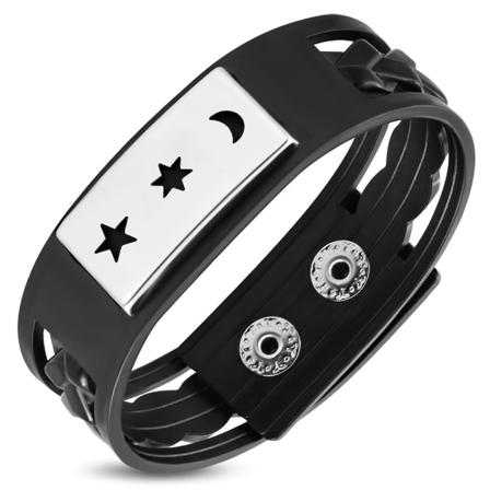 Armband Svart Gummi och Stål 361L - Stjärnor & Måne