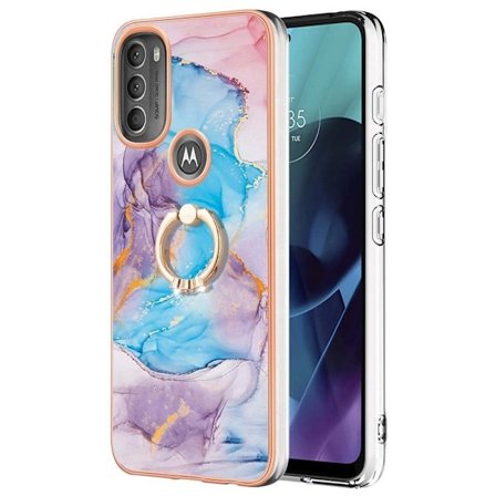Marble Mønstret Cover med Ring Holder til Motorola Moto G71 5G - Milky Way Marmor Blue
