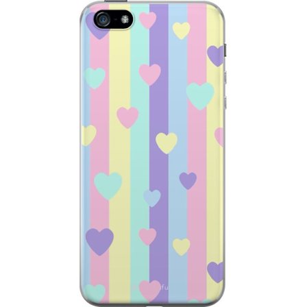 Yhteensopiva Puhelinkuori Apple iPhone 5 Pastelliraitoja pinkissä, keltaisessa, violetissa ja sinisessä, joissa on hajallaan pehmeitä kawaii-tyylisiä