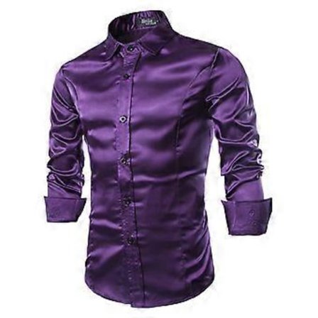 Menn Satin Luxury Dress Skjorte Slim Fit Fest Lang Erme Skinnende Formelle Skjorter (M Lilla)