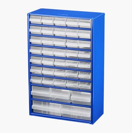 Biltema - Sortimentskap i Metall med 40 Skuffer - Skandinavisk Produsert, Oljebestandige Plastbokser i Tre Størrelser, Egnet for Komponent Lagring