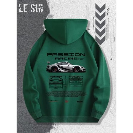 Miesten intohimoinen kilpa-aiheinen huppari, jossa on kilpa-autoja ja urheiluautokuvituksia, täydellinen jokapäiväiseen käyttöön