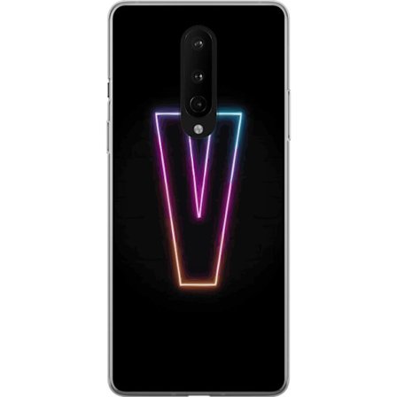 Yhteensopiva Puhelinkuori OnePlus OnePlus 8 Neonkirjain V värikoodattu valossa mustaa taustaa vasten, minimalistinen muotoilu selkeällä hehkulla ja