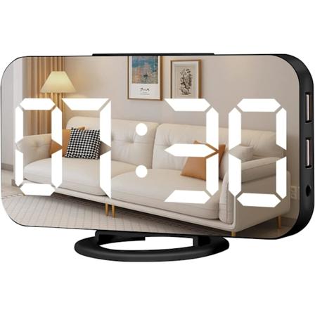 Digitalt vækkeur, stort LED-display og spejlbordur med dobbelte USB-opladerporte, 3 niveauer lysstyrke, 12/24H vækkeure - sort Black