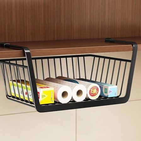 Hengende kurvhylle, oppbevaringskurv under hylle, skapkurv for oppheng, hengende kurv laget av metall, oppbevaringsorganisator under skap