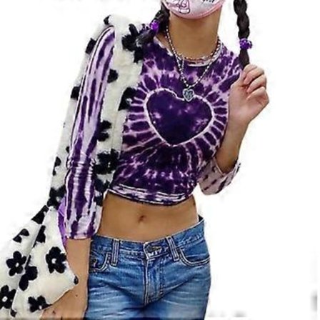 Sexig dam T-shirt med kärlekstryck och batikfärgning, långärmad (M)