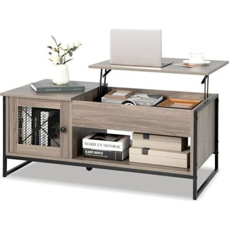 COSTWAY sofabord med pneumatisk løfteplade, 104 x 55 x 58 CM, åbne rum og 2 skabe, design med 2 døre