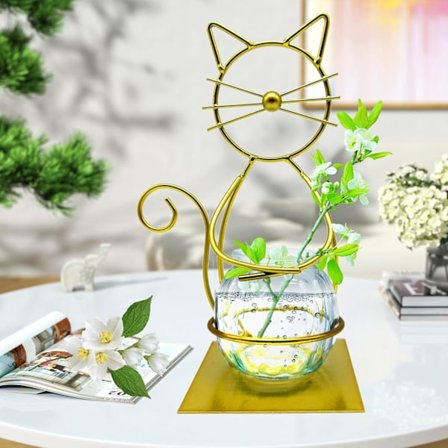 Katte Plantestativ, Moderne Bordplade Glas Terrarium med Metalramme, Dekorativ Holder til Hydroponik og Bolighavedekoration