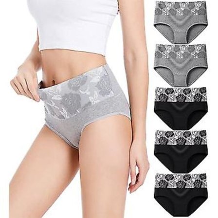 5 stk. dame trusser undertøj bomuld høj talje mavekontrol trusser rose jacquard dame trusser (3XL sort grå)
