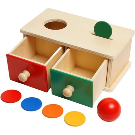 [NT] 2-i-1 Montessori Trämatchningslåda med Mynt och Boll, 2 Lådor - Trämyntlåda med 5 Mynt och Objektpermanenslåda med 1 Boll