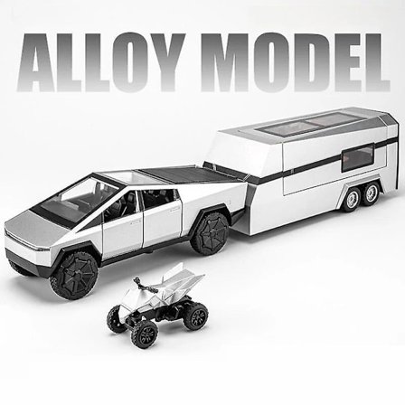 1/32 Tesla Cybertruck med Touring Car Rv Caravan Diecast Lekebil Metall Miniatyrmodell Trekk Tilbake Lyd Lys Samling Gave Gutt