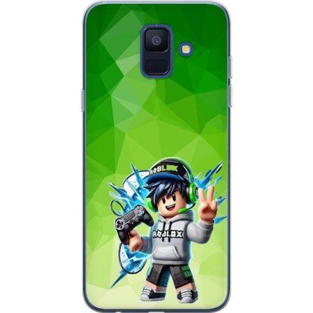Kompatibelt Mobildeksel til Samsung Galaxy A6 (2018) Roblox-inspirert gamerfigur med headset, håndkontroll og energiske effekter mot grønn bakgrunn